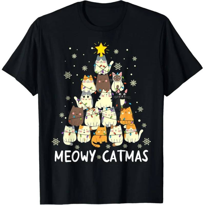 

Meowy Catmas Cat Christmas Tree Xmas Girls Boys Funny Santa T-Shirt