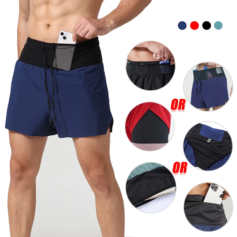 

Double Layer Quick Dry Marathon Running Shorts Men Teens Training Fitness Jogging Multi-Pocket Gym Sport Shorts with Waist Pouch