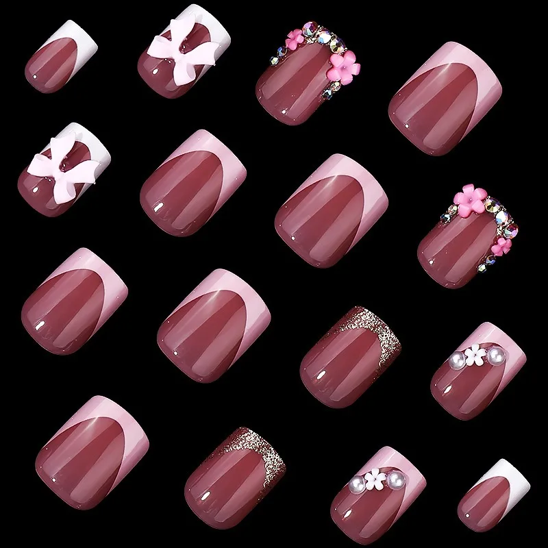 Conjunto de unhas falsas quadradas curtas, 24 peças, com design de arco de diamante, pontas de unhas adesivas francesas para gril doce, reutilizáveis