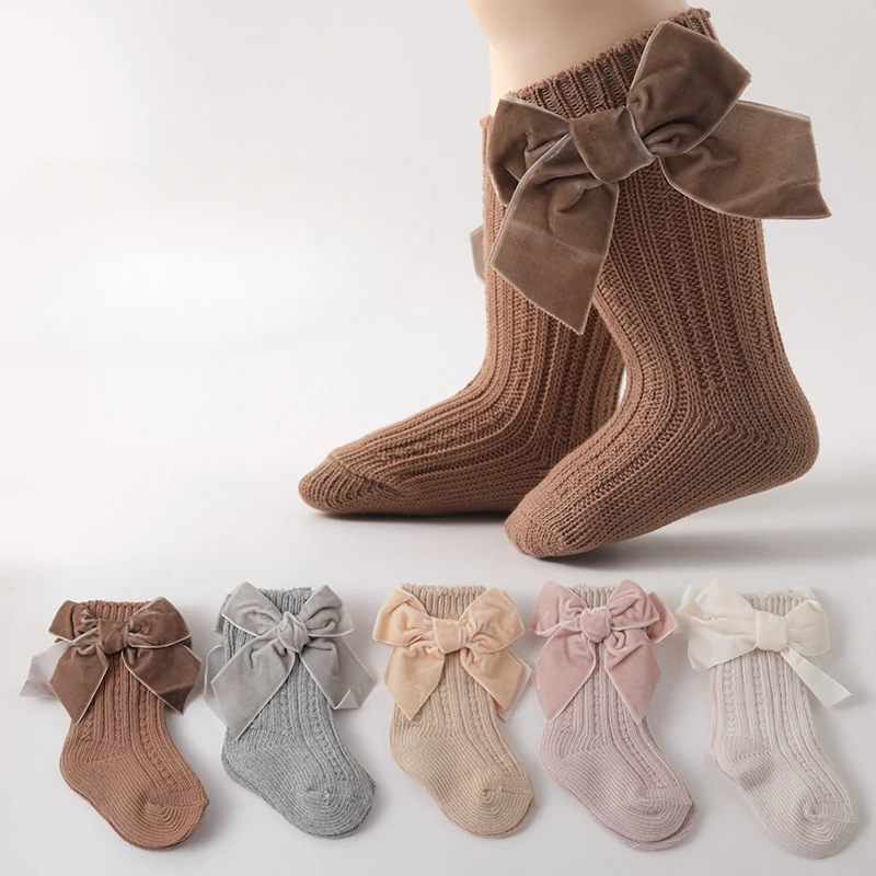 

5 Pairs Baby Coarse Needle Socks Autumn and Winter Girls Mid Tube Short Bowknot Socks Princess Children Solid Socks H5045