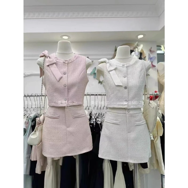 Temperament Celebrity Coarse Tweed Sleeveless Top Skirt Two-piece Set Women Bow Splice Single Breasted Slim Sweet Summer Wear