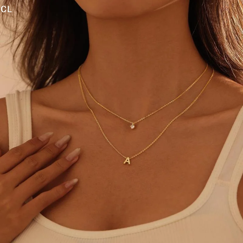 A-Z Monogram Necklace For Women, Round Solitaire & Initial Letter Double Layer Chain, Gold Color Stainless Steel Dainty Gift