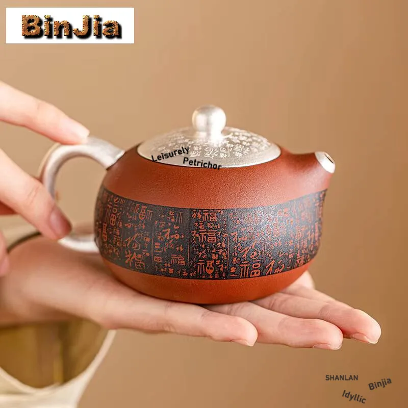 200Ml Handmade 999 Gilded Sier Teapot Good Fortune Zhu Mud Zisha Xi Shi Pot Tea Maker Kettle Cha Accessories Collection Gifts