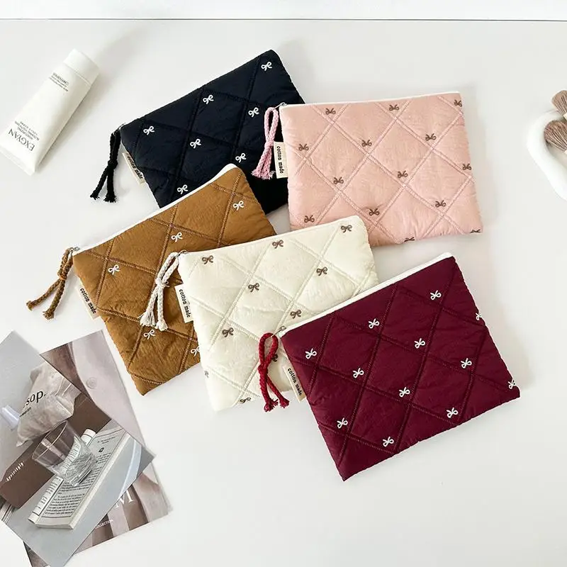 Quilted Design Cosmetic Bag Embroidered Bow Large Capacity Stationery Bag Multifunctional Pen Bag