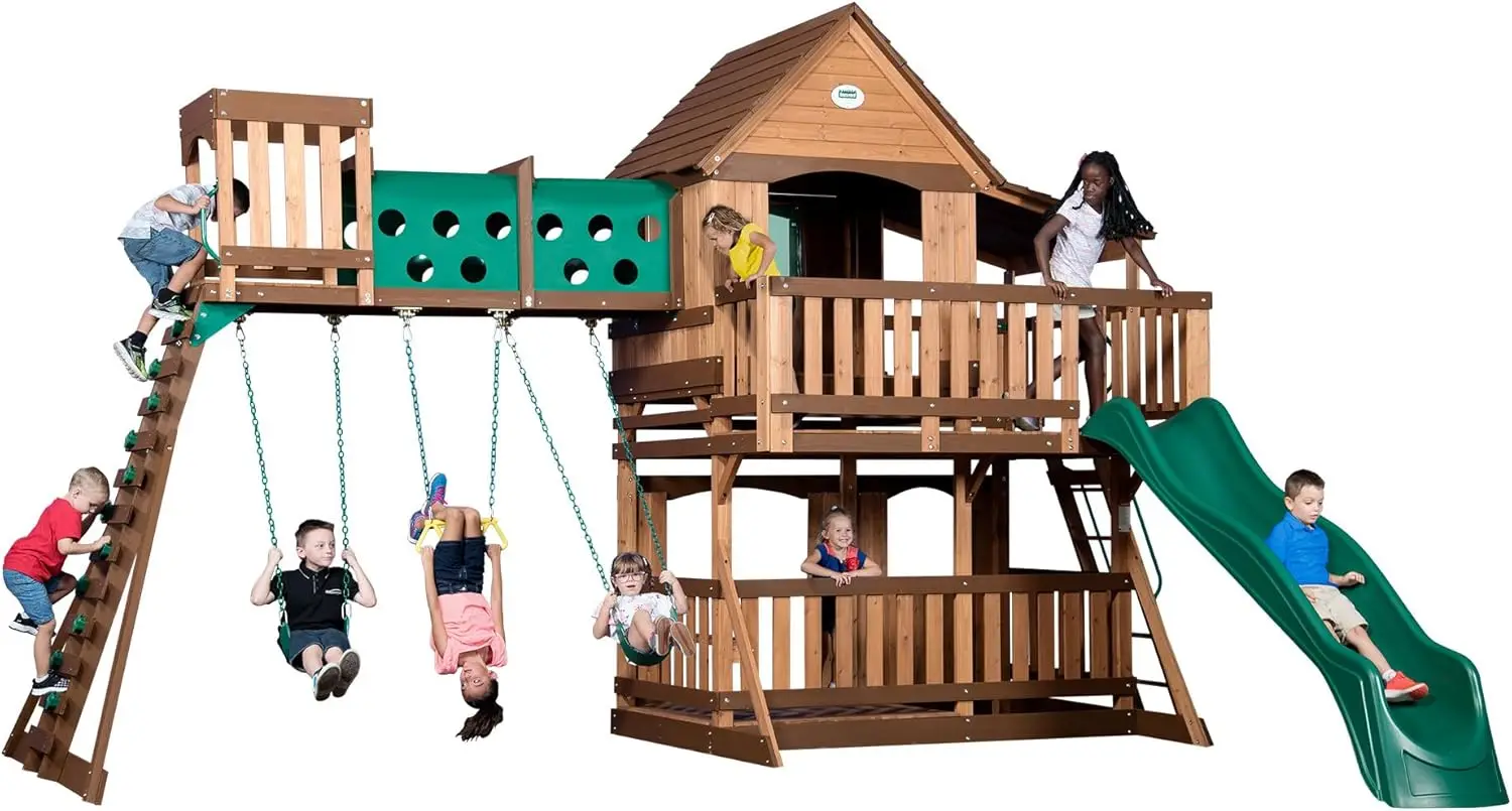 Woodridge Elite All Wood Swing Set, Upper and Lower Deck, Sandbox, Vented Tunnel, Rock Climbing Wall, C