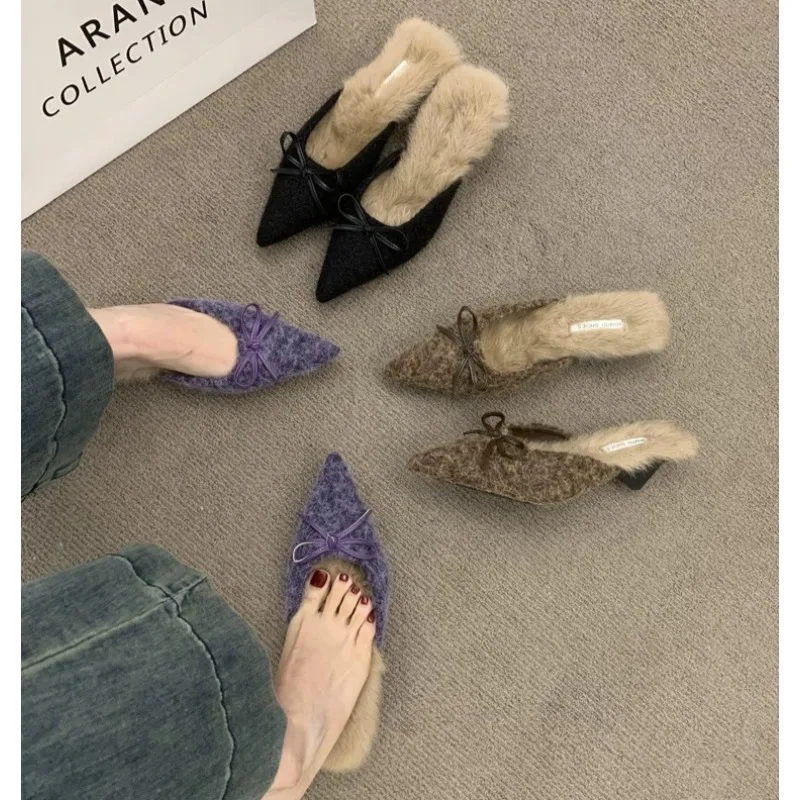 

Fur Bow Pointed Toe Women Cotton Slippers Suede Mules Heels Shoes Woman 2025 Winter Boots Elegant Dress Flip Flops Mujer Zapatos