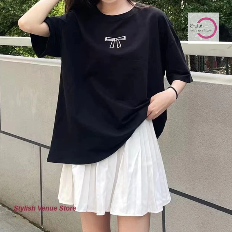 

Y2k Yabifeng culture sweet and cool bow tie cotton short-sleeved T-shirt women's summer new design sense niche loose long top.