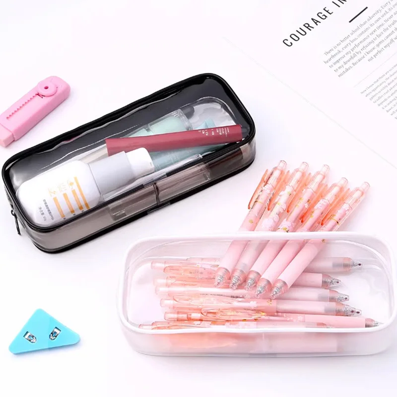 1Pc Korean Ins Style Transparent PVC Pencil Case Large Capacity Stationery Organizer Multi‑Purpose Cosmetic Makeup Bag