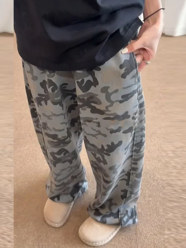 

Свободный крой с высокой талией, камуфляжные женские повседневные брюки Lazy Sle, осенние прямые широкие брюки, драпированные свободные утягивающие брюки