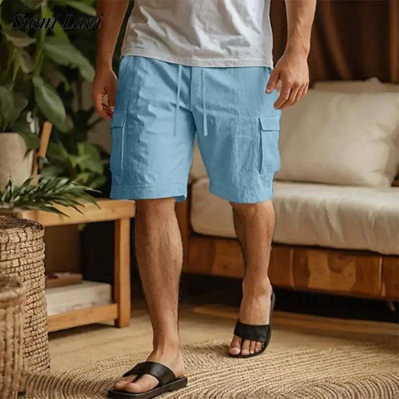 

Новинка лета 2024, повседневные мужские шорты-карго, винтажные короткие брюки на шнуровке с несколькими карманами, мужские модные однотонные свободные прямые шорты