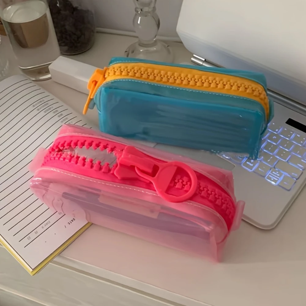 Cute Big Zipper Makeup Brush Storage Bag,Transparent PVC Cosmetic Pouch,Color Contrast Large Capacity Portable Travel Organizer