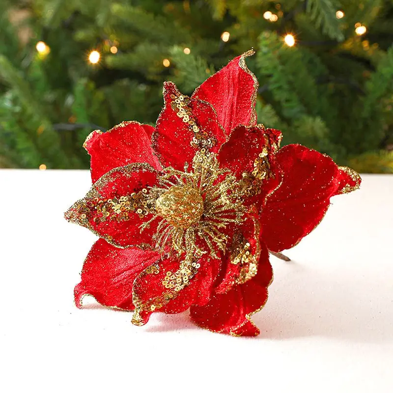 Large Glitter Artificial Christmas Flowers DIY Fake Flowers Xmas Tree Ornaments For Home New Year Decoration Supplies