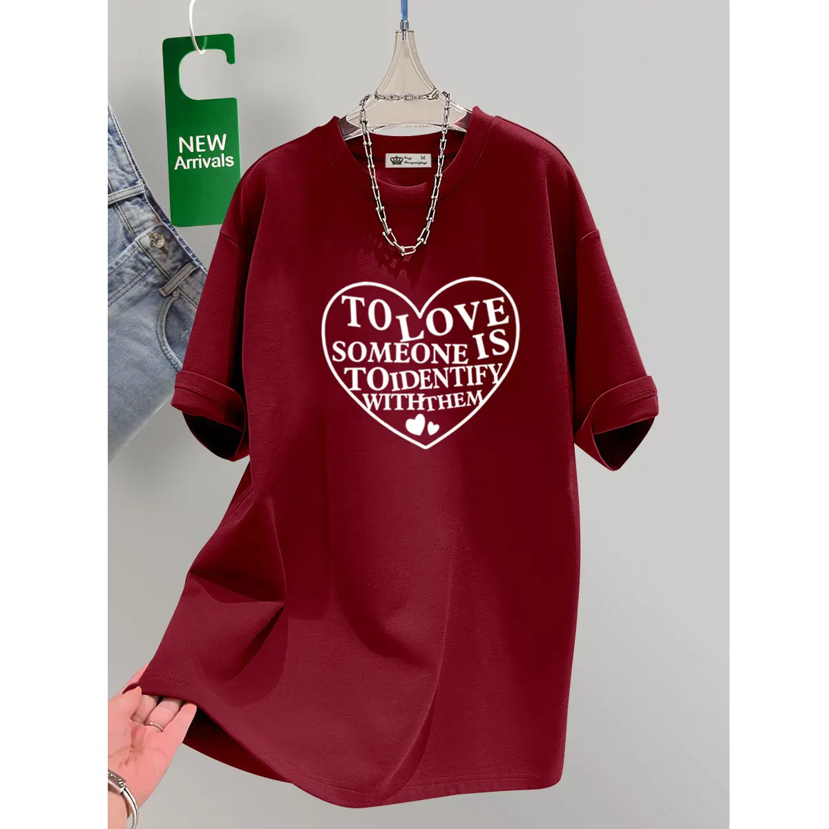 

Women Red Pure Cotton Round Neck T-shirt Summer Love Print Casual T-shirts Vintage Comfortable Drop Sleeves Tops