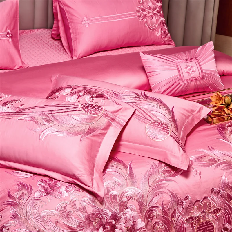 Pink Luxury Chinese Style Wedding Bedding Set Satin Jacquard Egyptian Cotton Peony Embroidery Duvet Cover Bed Sheet Pillowcases