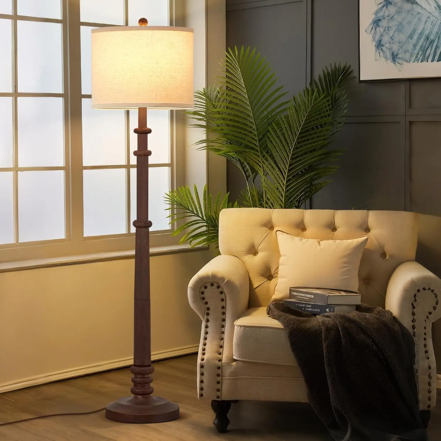 60" Adjustable Color Temperature Farmhouse Floor Lamp with Linen Shade - Vintage Style for Living Room Bedroom Office view 6