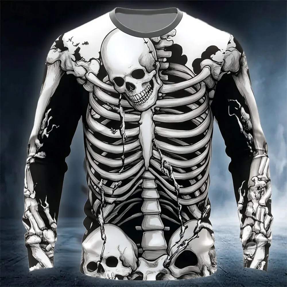 

Halloween Skeleton Prints Long Sleeve T-Shirt for Men Gothic Trendy Streetwear Casual Tops Halloween Theme Tee Fall Winter