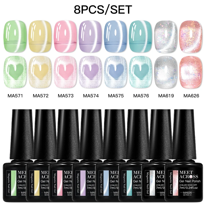 8pcs Jelly Glitter Cat Eye Gel Set For Spring Sparkling Translucent Effect Cat Magnetic Gel Nail Polish Soak Off UV Gel Nail Art