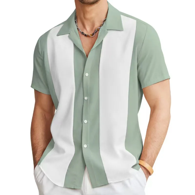 Summer new Amazon Europe and the United States men's striped color matching casual lapel street short-sleeved shirt top