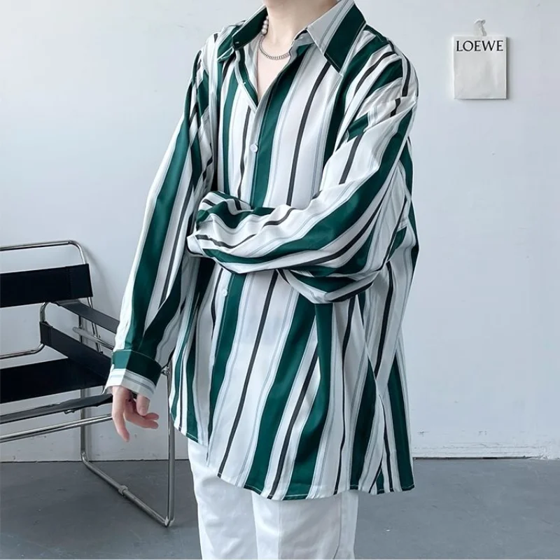 Spring Summer Men's Clothing Long Sleeve Lapel Striped Printed Fashion Loose Trend Oversized Hong Kong Breeze Handsome Shirt