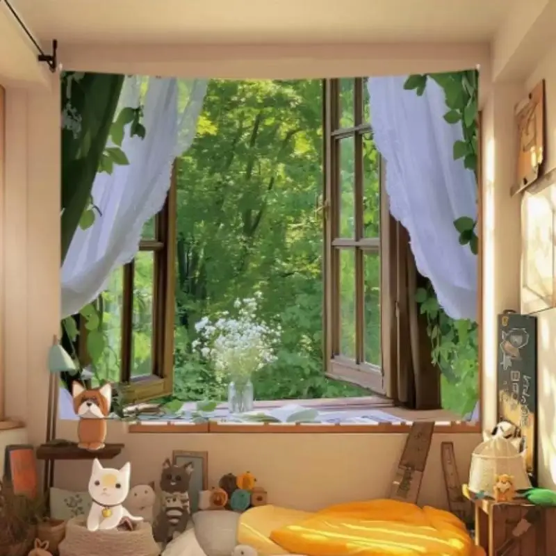 1pc Window Scene Tapestry Simulation Landscape Wall Hanging Aesthetic Wall Decor Fabric For Bedroom Dorm Living Room