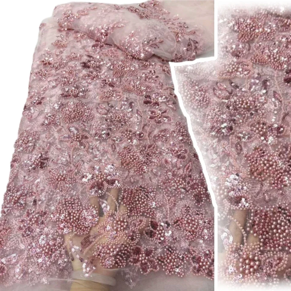 

African French Nigerian High End Tulle Lace Fabric with Beads Sequins Mesh for Embroidery Wedding Party Bride Sewing Dress 2018