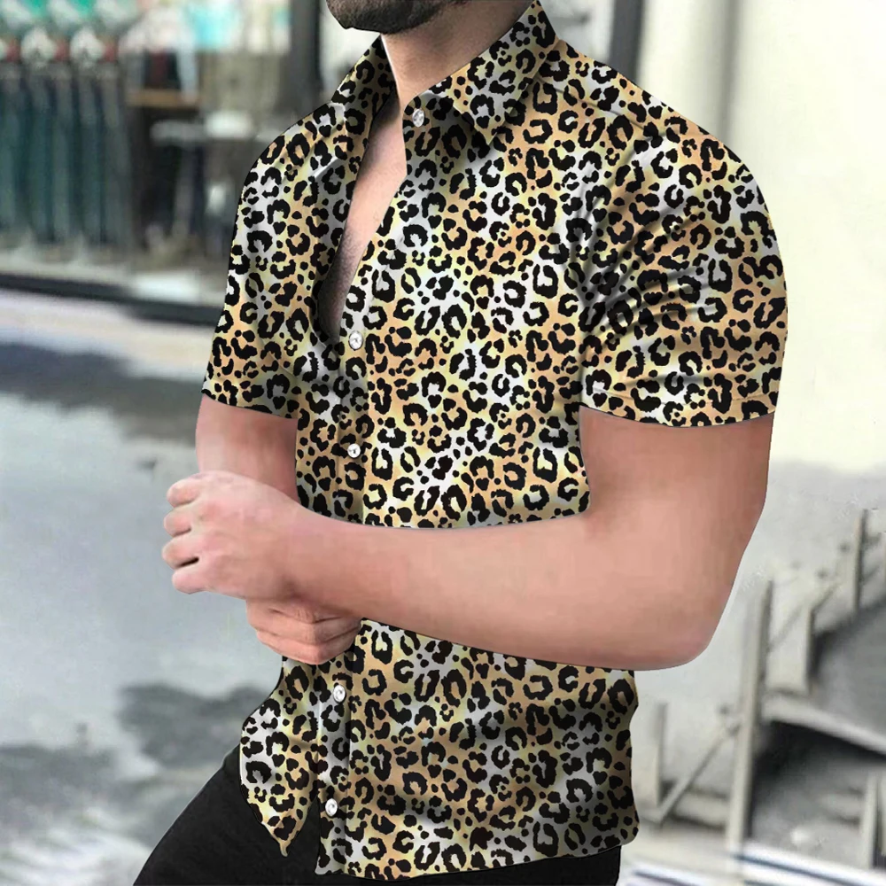 2023 Summer Fashion Hawaiian Mens Leopard Printed Casual Button Shirts Short Sleeve Sexy Streetwear Vintage tops harajuku