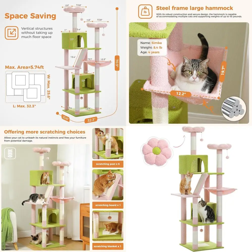 70 Árbol para gatos rosa con 2 condón, 2 perchas, cesta, 2 rascadores y 6 postes para gatos de interior grande