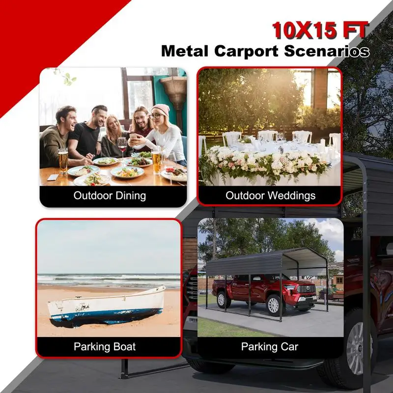 Cochera de metal resistente 10x15 para vehículos, barcos y camiones - Refugio exterior galvanizado con base mejorada