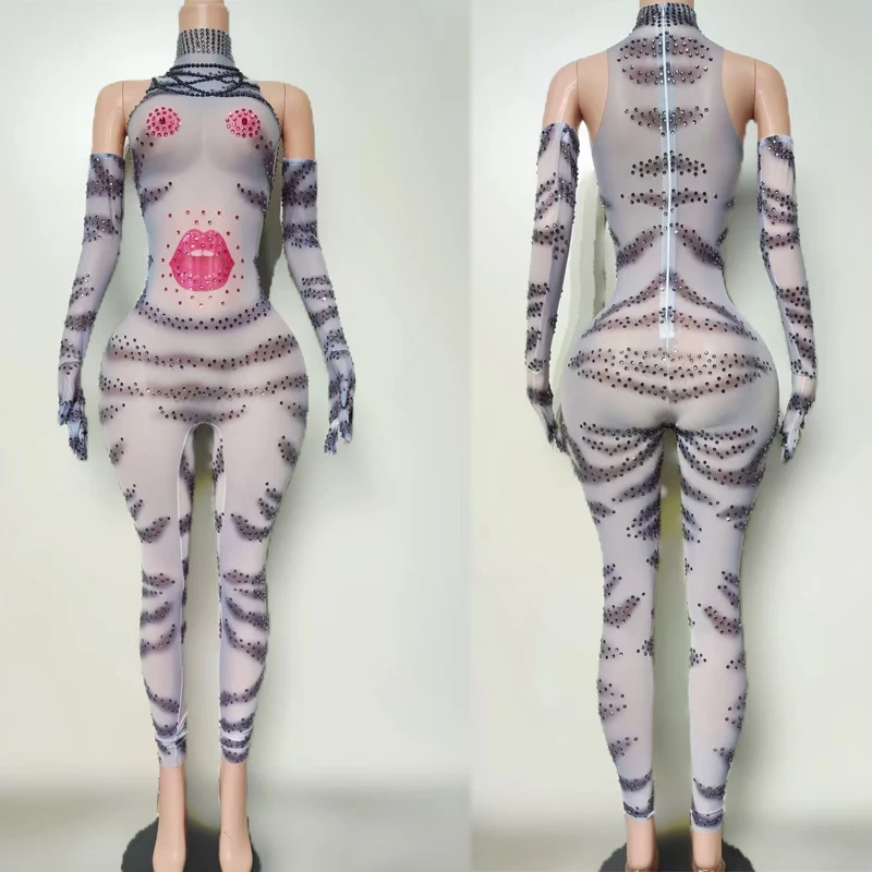 Drag Queen Kostüm Tiger Muster Strass Overall Frauen Pole Dance Rave Outfit Bar Nachtclub Dj Bühne Gogo Tragen XS10411