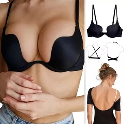 Invisible Backless Bra for Women Push Up Bras Sexy Open Back Underwear Deep U Low Cut Lingerie Female Lift Up Bralette Intimates