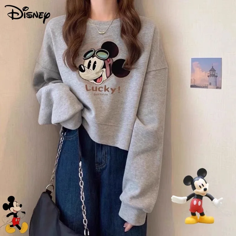 سويت شيرت ديزني ميكي اللطيف للفتيات، عصري ومتعدد الاستخدامات للخريف والشتاء، بلوزة بسيطة كاجوال فضفاضة بأكمام طويلة