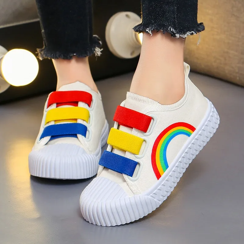 Kids Canvas Shoes Boy Girl Hook Loop Flat Rainbow Shoes Kids Sport Running Boys Spring Autumn Student Breathable Casual Shoes