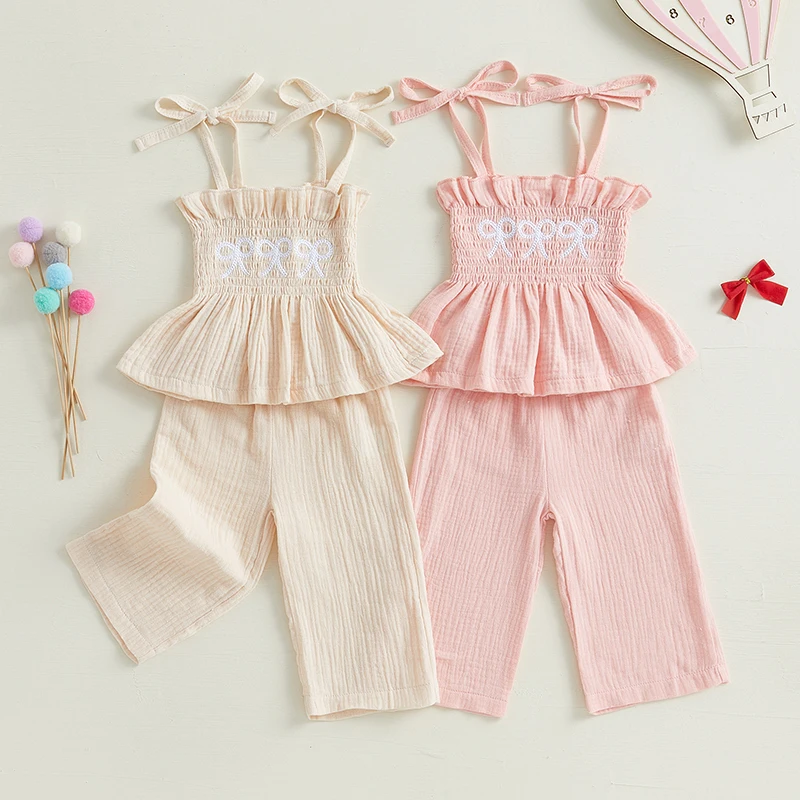 

0-5Y Toddler Girl Summer Clothes Bow Embroidery Tie-Up Camisole Tops with Solid Long Pants 2Pcs Baby's Sets Outfit