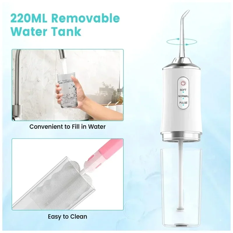 Portable Dental Water Flosser 4 Jet Tip 220ml 3 Modes Oral Irrigator USB Rechargeable Water Jet Floss Tooth Pick