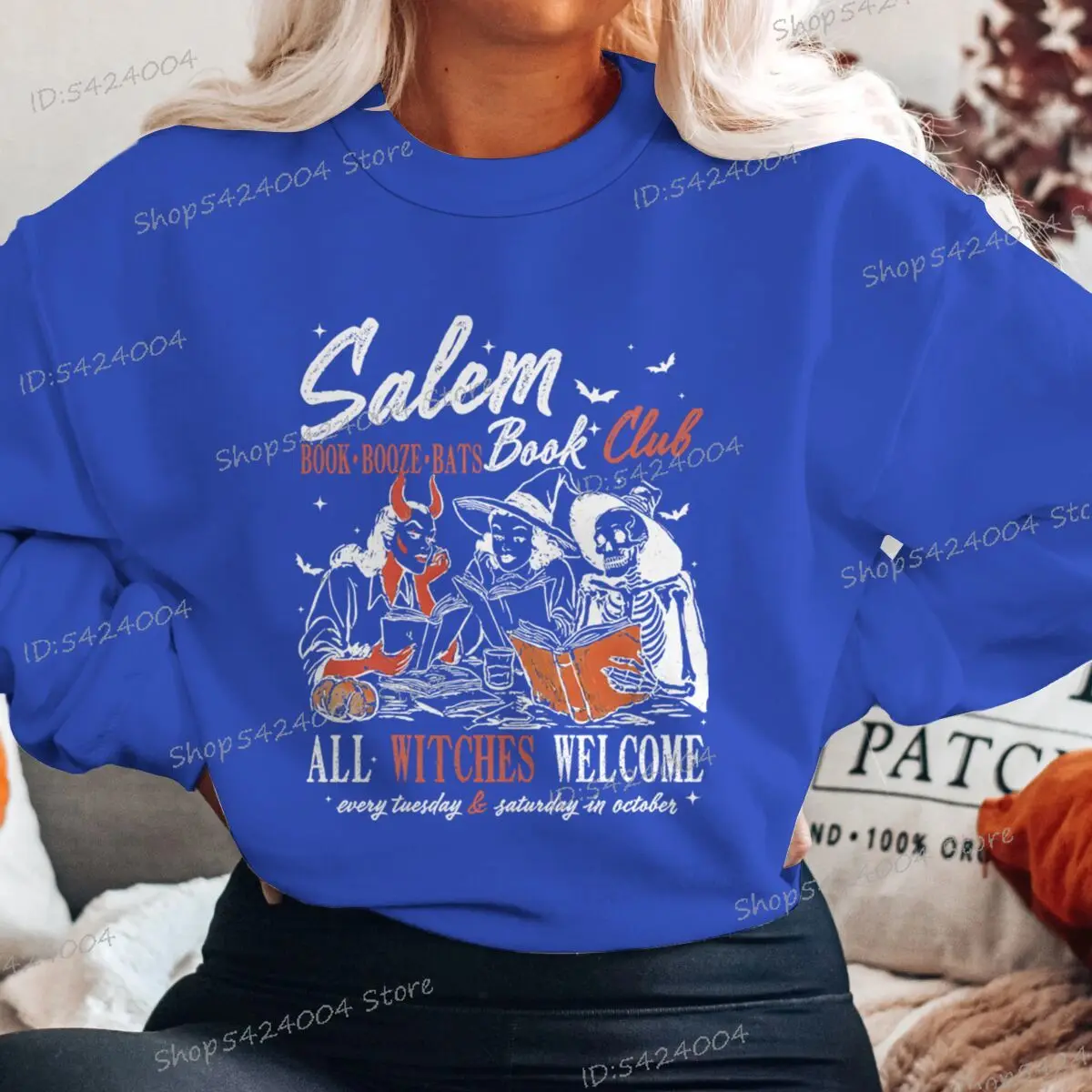 魔女ブッククラブ スウェットシャツ ハロウィンブック スケルトン レディース服 ファッション クルーネック ブックワーム 長袖 不気味な季節 プルオーバー