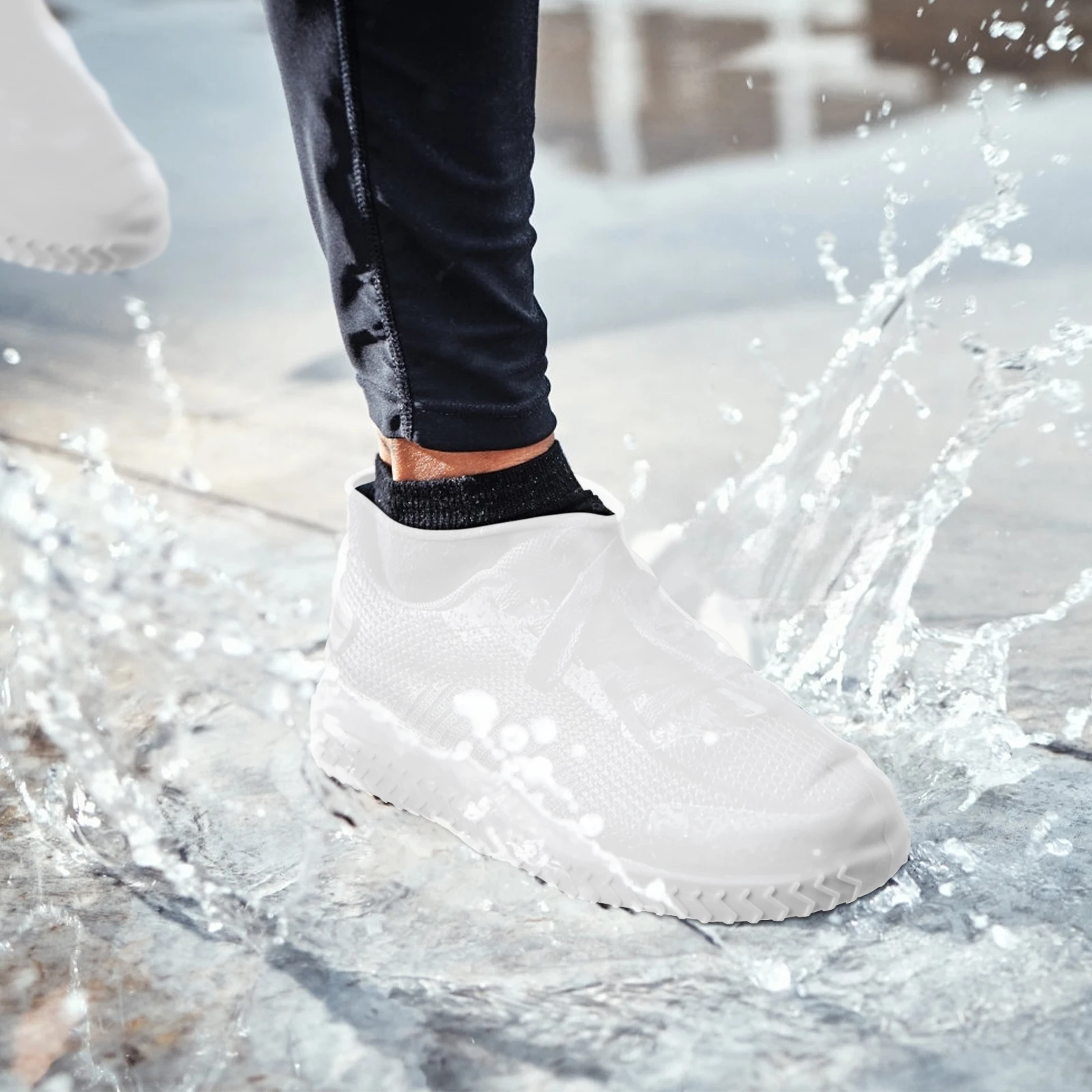 

2 Pairs White L Size Waterproof Shoe Covers Silicone Rain Protectors Anti Skid Lightweight Outdoor Nonslip Shoe Boots Protector