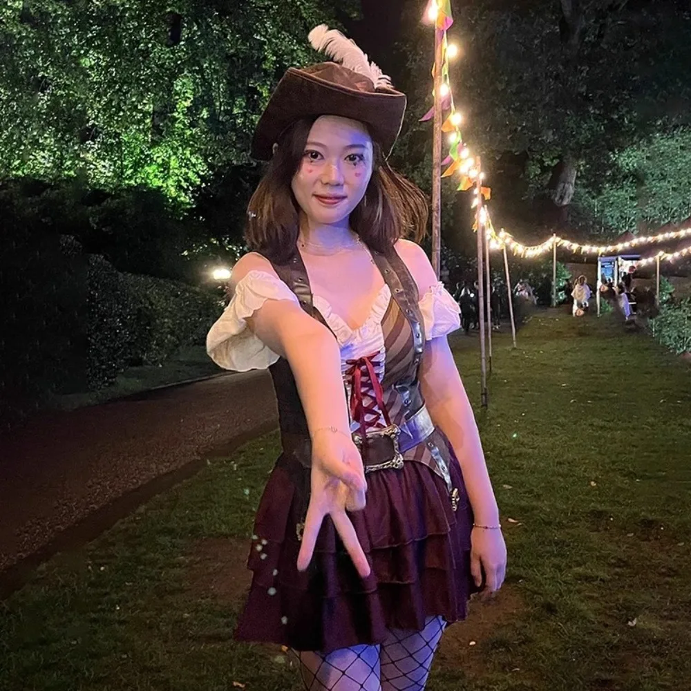 زي القراصنة المرأة مثير المرأة القراصنة رومبير فستان الزي مع قبعة حزام باندانا مشد الملحقات