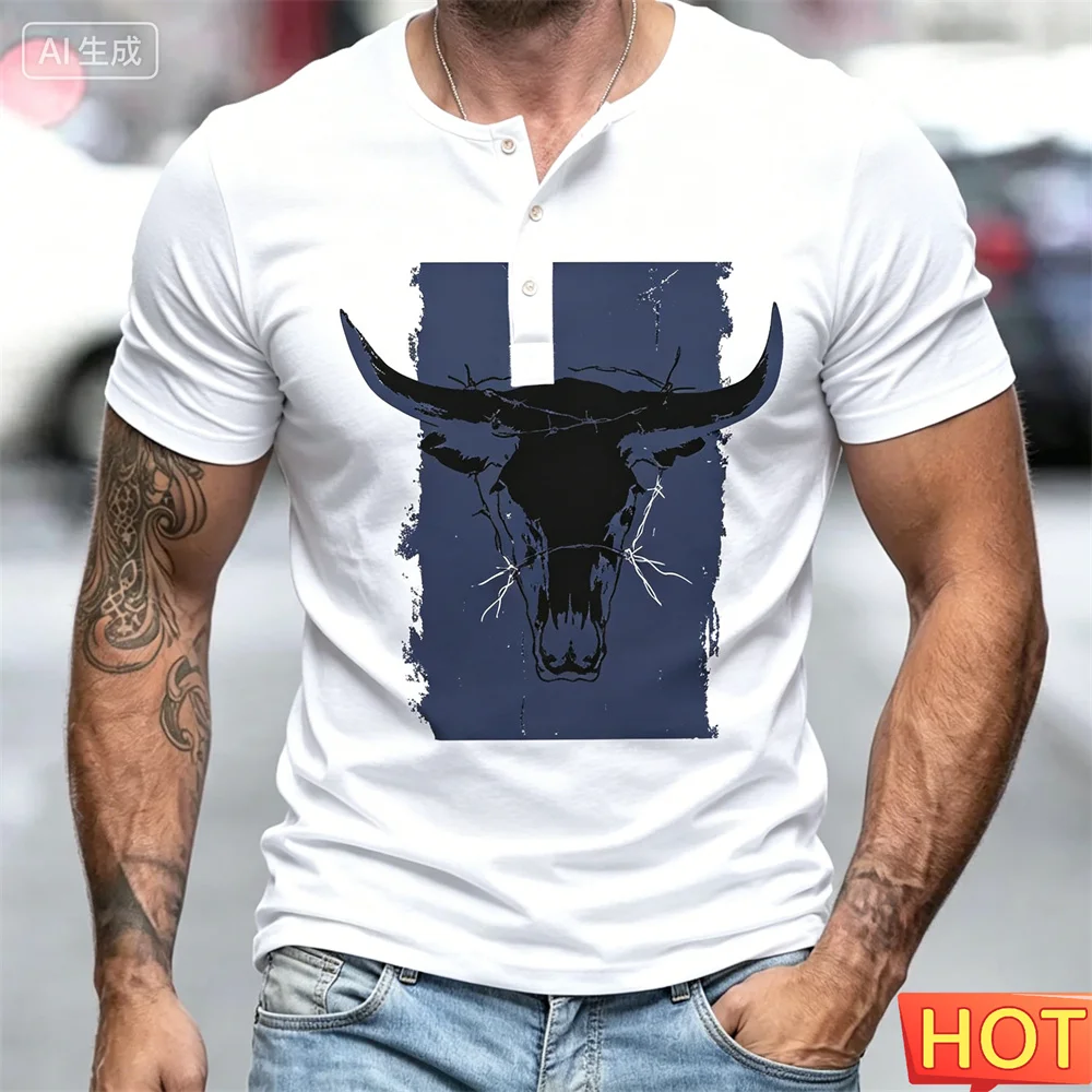 Summer Men's Henry T-shirt 3D ox head pattern T-shirt Men's button up T-shirt Hip Hop Sports Henry shirt Casual T-shirt for man