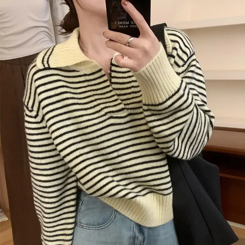 2025 Long Sleeve, Turn Down Collar, , Bottoming Shirt, Sweater, Autumn, Winter Women's Korean Stripes Knit Pullover, 3
