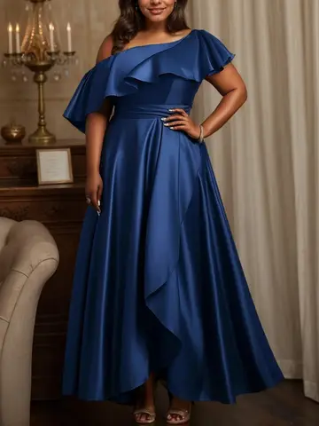 Elegant Women Plus Size Evening Dress Satin Ruffle One Shoulder Vintage Casual Party Cocktail Long Dress Short Sleeve Blue Dress