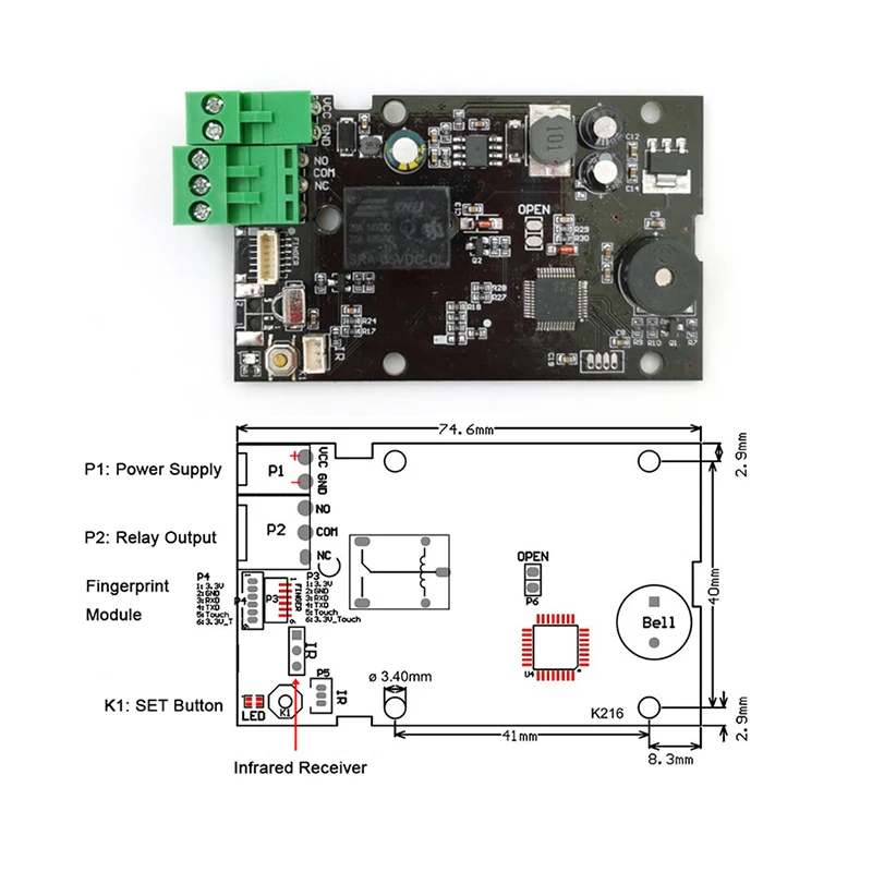 Fingerprint Access Control Board KL216 DC10-30V +R502-AW With Remote Control Jog Mode/Ignition Mode/Self-locking Mode
