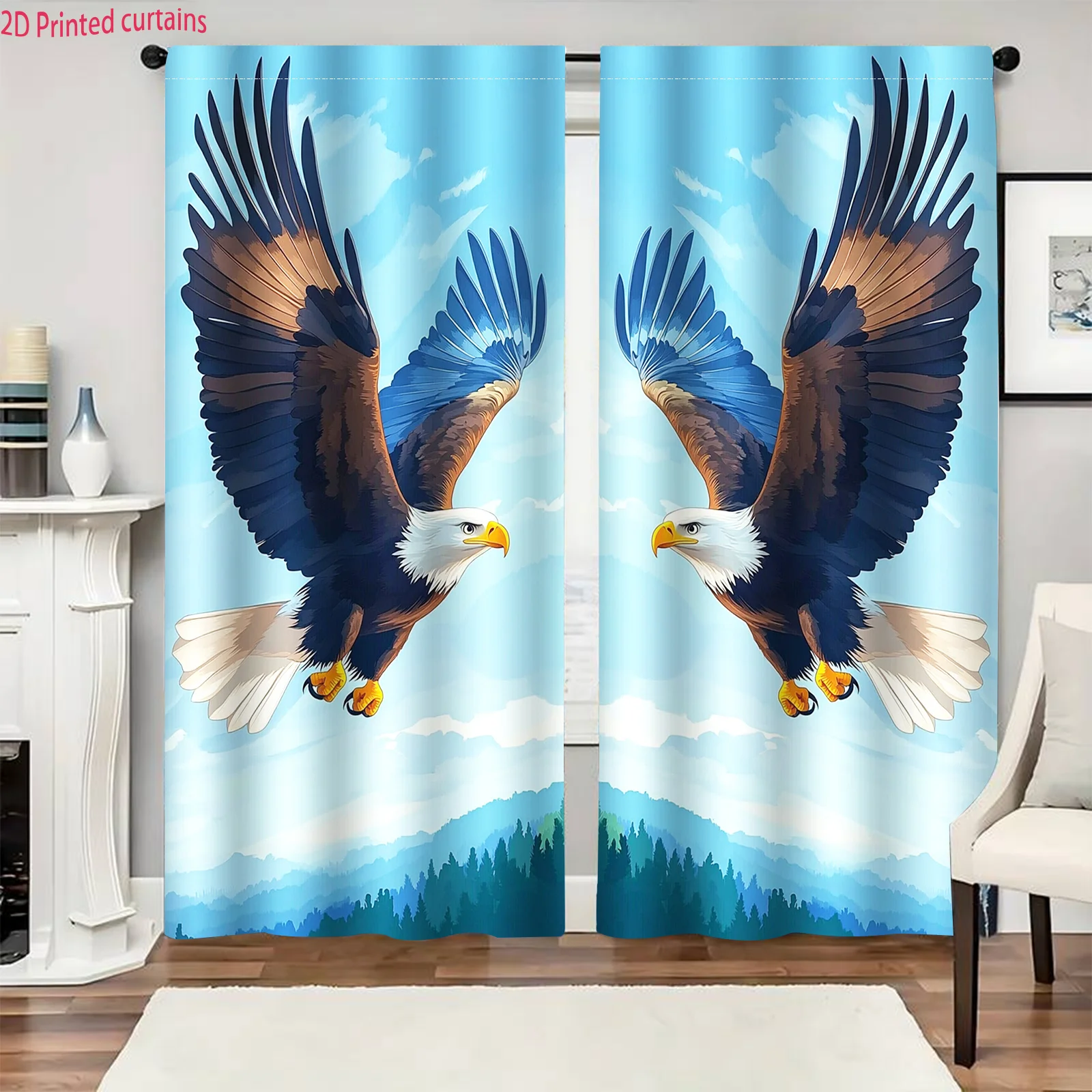 Majestic Bald Eagle Curtain Soaring Bird of Prey Drape, American Wildlife Nature Print Window Treatment for Living Room Bedroom