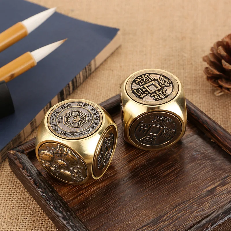 Pure Brass Six Sides Spinner Fidget Toy Bagua Gyro Stress Relief Hand Play Office Desktop Collectible Decor Ornament Gift