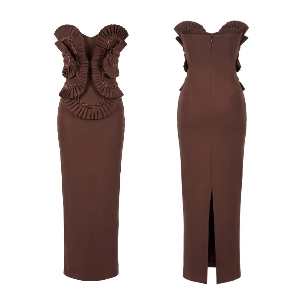 Fashionable Luxurious Brown Strapless Bandage Maxi Dress Elegant Ruffle Beaded Bodycon Evening Gown for Dinner Party