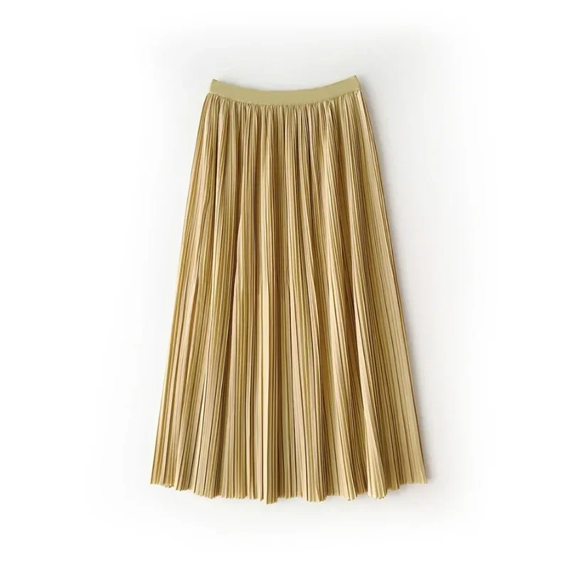 2024 New Casual Autumn Winter Golden Velvet Pleated Skirts Women Elegant Streetwear A-Line Long T Women's High Waist Midi Skirts