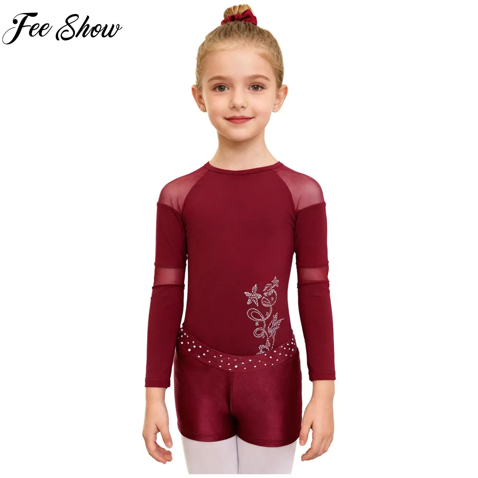 

Kids Girls Ballet Dance Performance Outfit Long Sleeves Gymnastics Leotard+Shorts+Hair Band 3Pcs Set Teens Skating Dance Clothes