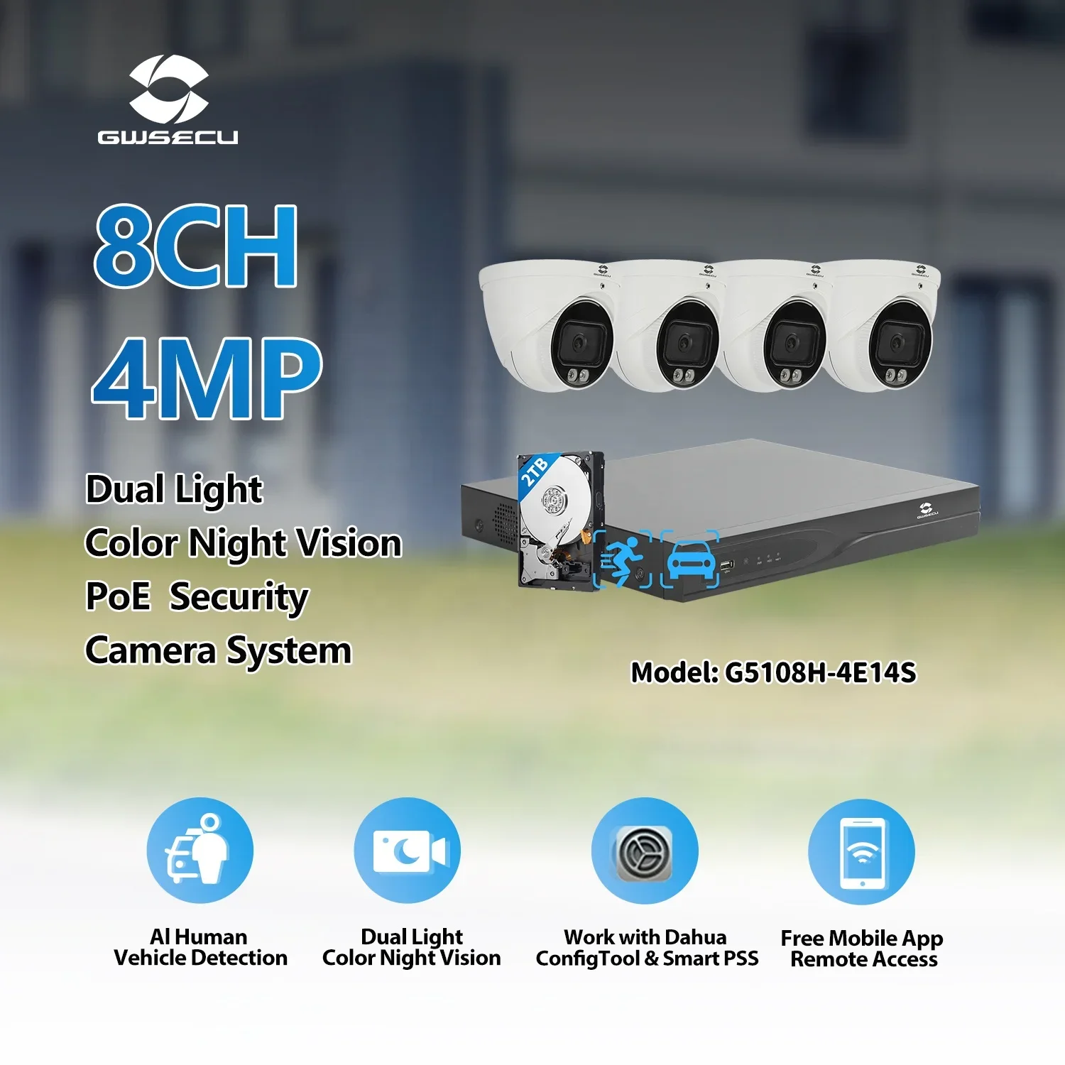 OEM 4MP Torreta SMD Al Detección de movimiento humano Audio Wizsense Luz híbrida Visión en color 4K PoE Sistema de cámaras de seguridad IP