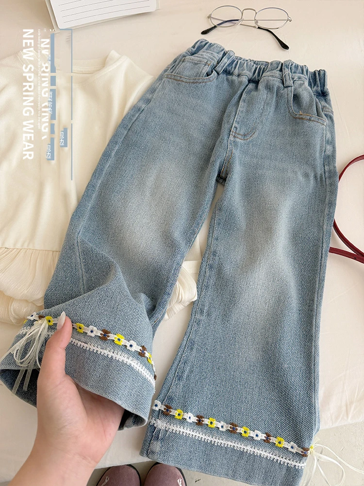 Kids Girls' Jeans Spring Autumn NewChildren's High Waist Slimming Denim Pants Fashion Floral Versatile Denim Trousers