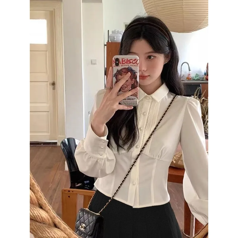 

Spring Autumn French Long-sleeved Shirt for Women New Sweet Waist-hugging Shirt Design Short Chic Slim Body Clothes for Women