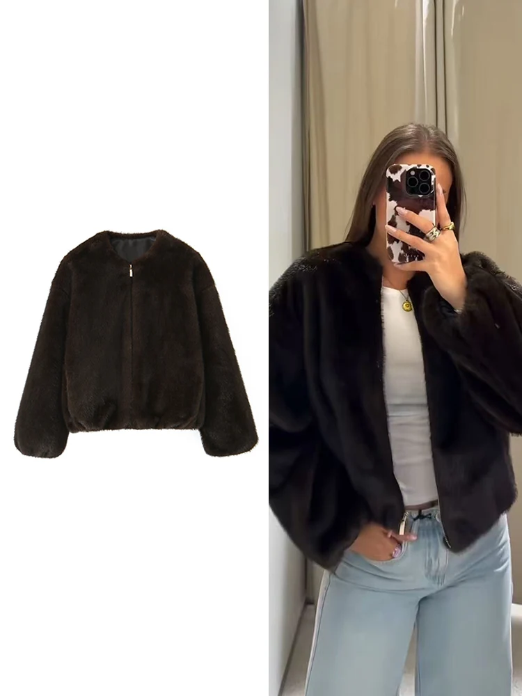 2025 Women's Fur Coat Fashion Round Collar Zipper Bomber Jacket Long Sleeve Warm Winter Faux Fur Jacket Woman Casual Coats